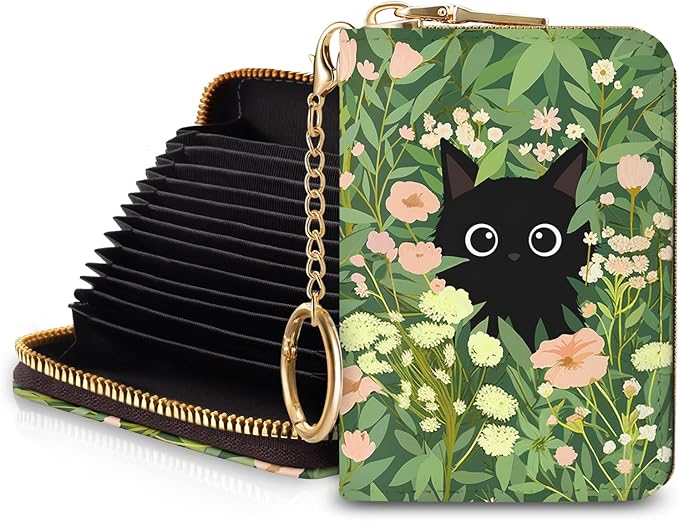Blusabaca Women's Black Cat Floral RFID Wallet, Waterproof, Leather, 12 Card Slots, 2 Pockets for Coins, 2.5 in x 3.5 in