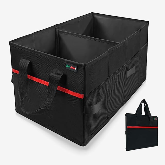 PAT SAM'S Car Trunk Organizer for SUV, Foldable Collapsible Storage Organizer with Dividers, Non-Slip Waterproof 600D Oxford, Backseat & Trunk Storage for Groceries, Tools, Toys (Black)