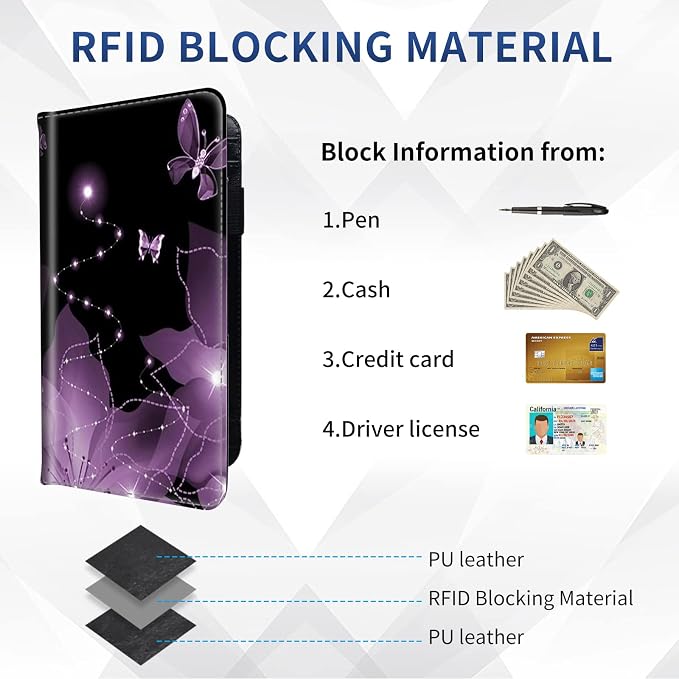 DEGDFSGR Checkbook Cover - Premium Leather Standard Duplicate Register Check Card Book Holder Wallet with RFID Blocking Function for Girl Men Women, Purple Flower