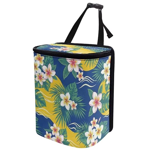 Talayituse Plumeria Palm Leaf Print Car Trash Bin, Large Size Auto Trash Can Adjustable Portable Garbage Can with Lid, Vehicle Hanging Bag for Headrest Front Back Seat