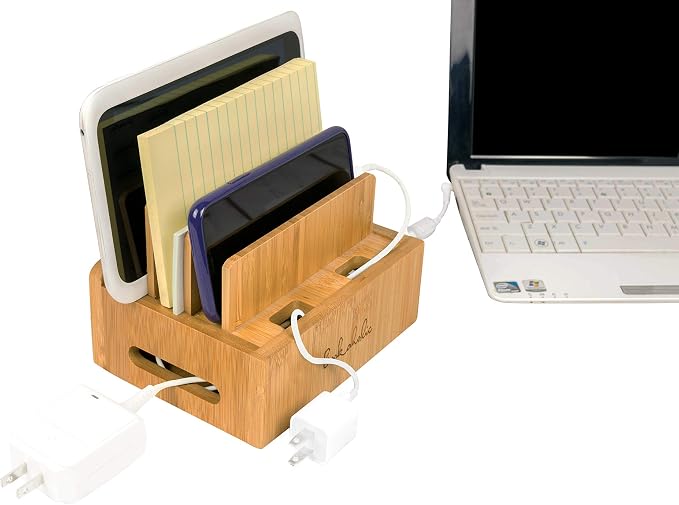 Bookaholic Bamboo Multi-Device Charging Station & Organizer - Rustic Elegant Desktop Dock for Smartphones, iPhone, iPad & Tablets - USB Compatible - Eco-Friendly