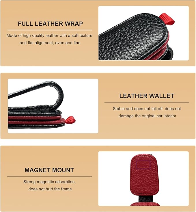 2 PCS Sunglasses Holders for Car Visor, Magnetic Leather Eyeglasses Hanger Mounter Ticket Card Clip, Auto Sun Visor Glasses Holder Business Card Organizer for Men Women (Black & Red)