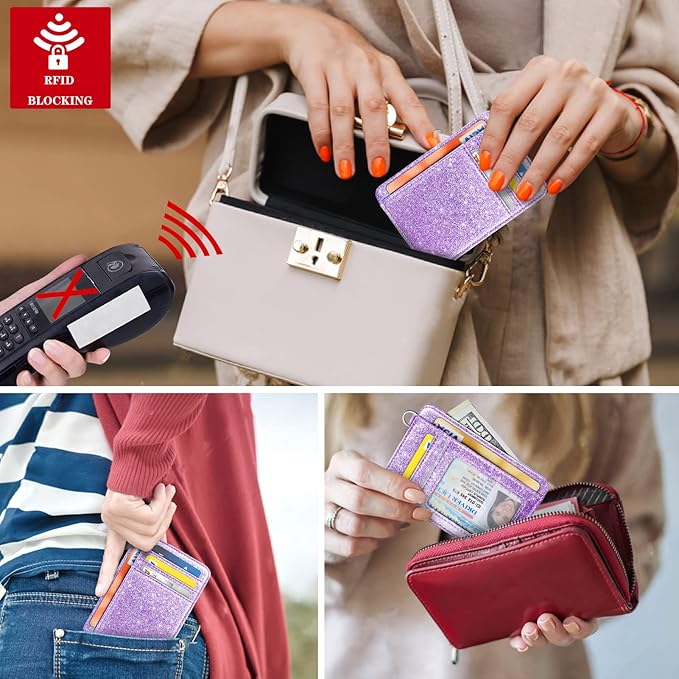Coco Rossi Slim Front Pocket Wallet RFID ID Card Holder Cute Small Wallet with Keychian for Women,Purple Glitter