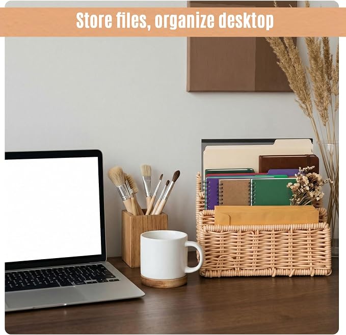 Small Rattan Mail Organizer for Desk Mail Holder Countertop with 3 Slot Rattan Letter Sorter File Holder Envelope Book Stand Farmhouse Office Desk Organizer and Storage Accessories