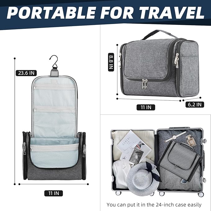 Buruis Hanging Toiletry Bag for Women and Men, Large Water-Resistant Makeup Organizer with Sturdy Hook, Lightweight Nylon Dopp Kit for Full-Sized Toiletries & Cosmetics, Oxford Gray