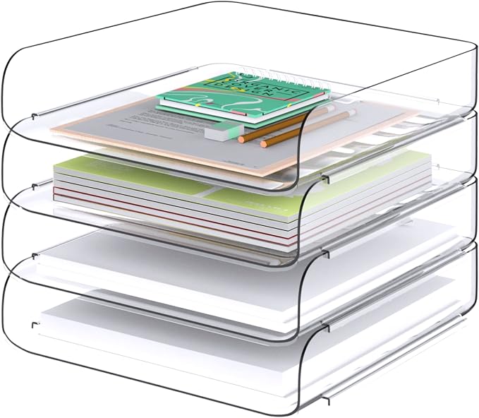 Tomorotec Desk Letter Tray Set, A4 Size Clear PET Stackable Document Organizer Office Desktop File Paper Holder Book Storage Rack Side Load Anti-Skid Stacking Support Convex Bottom (4X Portrait)