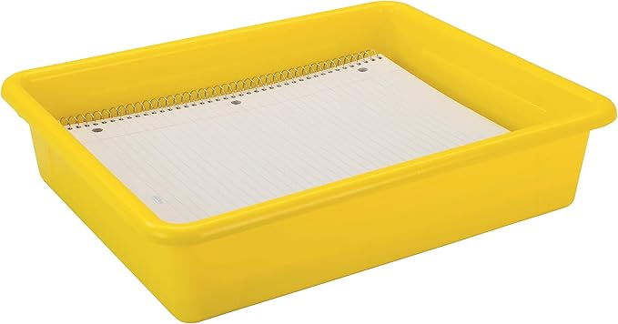 Storex Letter Size Flat Storage Tray – Organizer Bin with Non-Snap Lid for Classroom, Office and Home, Yellow, 5-Pack (62538U05C)