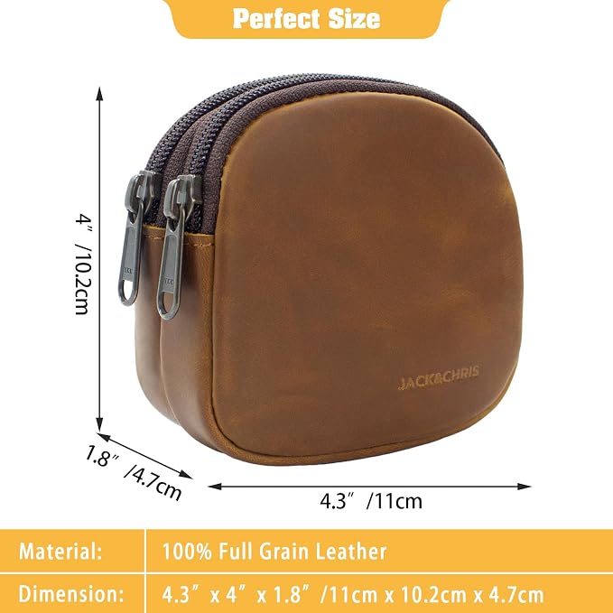 Jack&Chris Coin Purse for Men, Genuine Leather Mini Coin Wallet Zipper Pocket with Back Belt Loop, Coin Bag for Men and Women