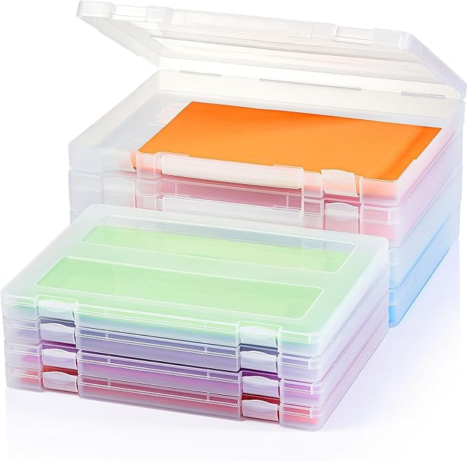 Denkee 8 Pack A4 Paper Organizer Box, Plastic Board Game Storage for Art Supplies 8.5" x 11" US Letter, Portable Scrapbook Paper Organizer Containers for Craft and Arts Storage (2 Inner Size)
