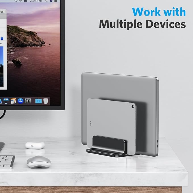 [Updated Dock Version] Vertical Laptop Stand, OMOTON Double Desktop Stand Holder with Adjustable Dock (Up to 17.3 inch), Fits All MacBook/Surface/Samsung/HP/Dell/Chrome Book (Black)