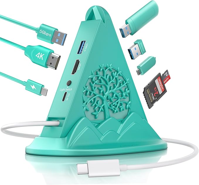 USB C Hub, 8-IN-1 USB C Multiport Adapter with 4K@30Hz HDMI, 100W Power Charging, 5Gbps Type C, 3 USB-A 3.0, SD/TF Slots& RGB Lighting, Green Type C Hub for Macbook, iPhone17, iPad, XPS(Tree)