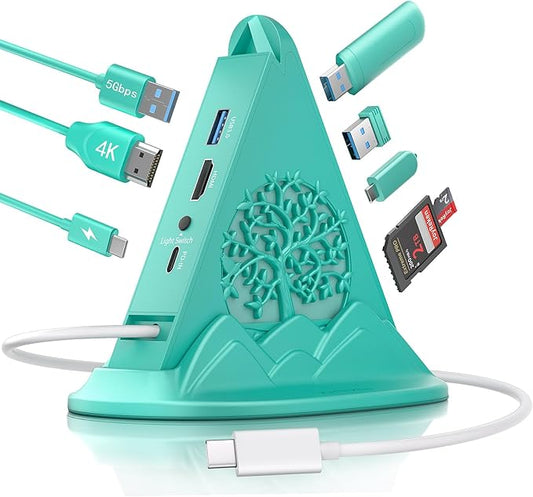 USB C Hub, 8-IN-1 USB C Multiport Adapter with 4K@30Hz HDMI, 100W Power Charging, 5Gbps Type C, 3 USB-A 3.0, SD/TF Slots& RGB Lighting, Green Type C Hub for Macbook, iPhone17, iPad, XPS(Tree)