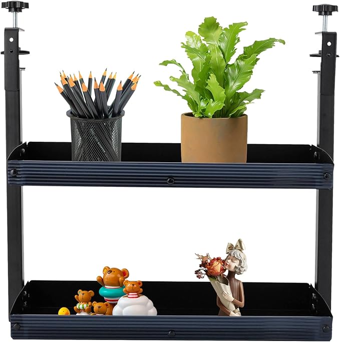Clamp-on Desk Extension Shelf, 2 Tier Shelving Unit Above Desk, Carbon Steel 22lbs Strong Capacity Desk Organizer, Desktop Organizer Display Rack Storage Tray Desk Shelf, 17.32*15.47*6.in (black)