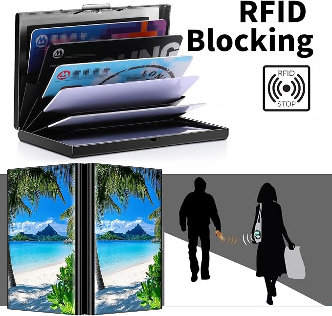 Metal Wallet for Women Men Girls, RFID Blocking Slim Aluminum Credit Card Holder, Mini Travel Wallet with Hard Shell, Lightweight ID & Business Card Case,Shore Palms Tropical Beach