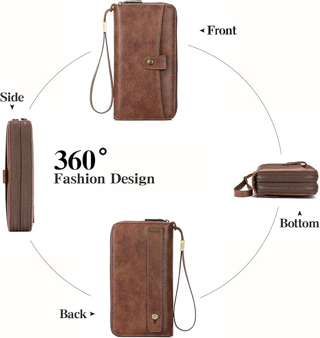 GAEKEAO Womens Wallet Large Capacity Double Zipper Ladies Card Phone Holder RFID Blocking Leather Clutch Wristlet Grip Strap