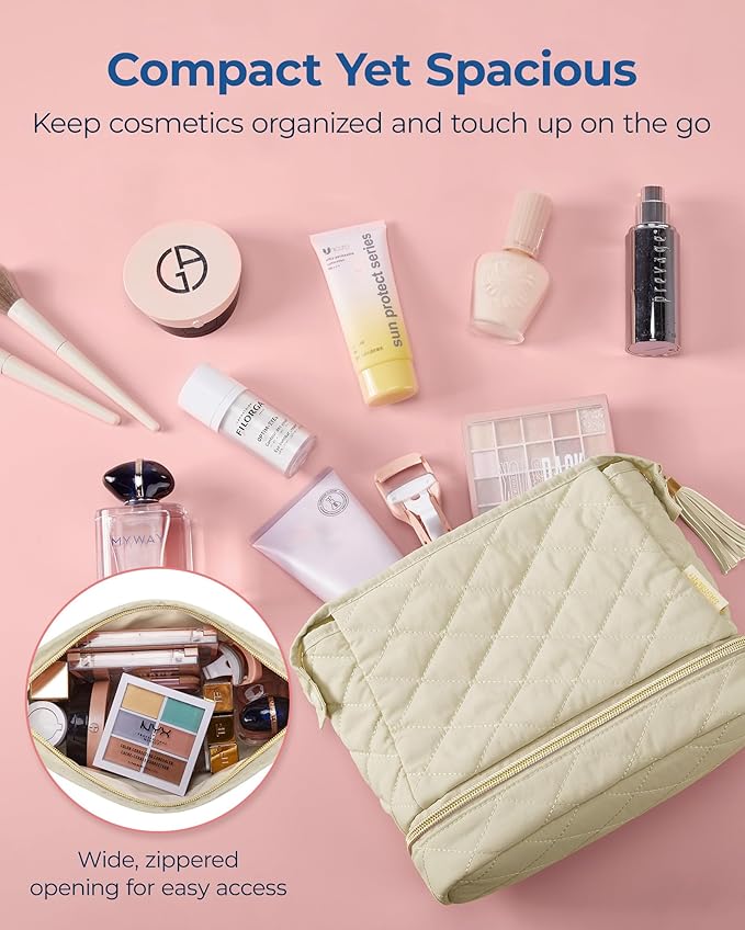 BAGSMART Makeup Bag Travel Cosmetic Bag,Puffy Make Up Bags for Women Double Layer Makeup Organizer Case,Wide-open Puffer Pouch for Purse Storage Travel Essentials Toiletries Accessories Brushes, Beige
