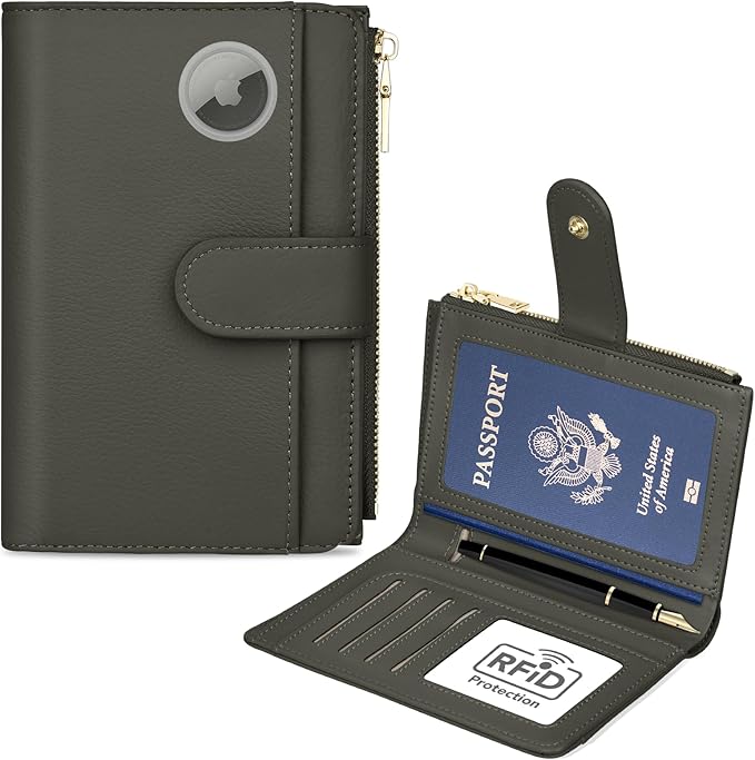Passport Holder for Travel, Leather Passport Wallet with Airtag Slot, RFID Blocking Travel Wallet for Women Men, Passport Cover with Air Ticket Card Cash Coin Pocket, Travel Essentials Gift