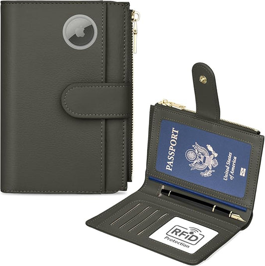 Passport Holder for Travel, Leather Passport Wallet with Airtag Slot, RFID Blocking Travel Wallet for Women Men, Passport Cover with Air Ticket Card Cash Coin Pocket, Travel Essentials Gift
