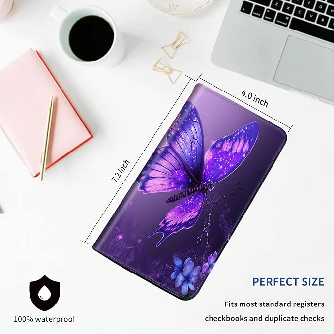 DEGDFSGR Checkbook Cover - Premium Leather Standard Duplicate Register Check Card Book Holder Wallet with RFID Blocking Function for Girl Men Women,Purple Butterfly