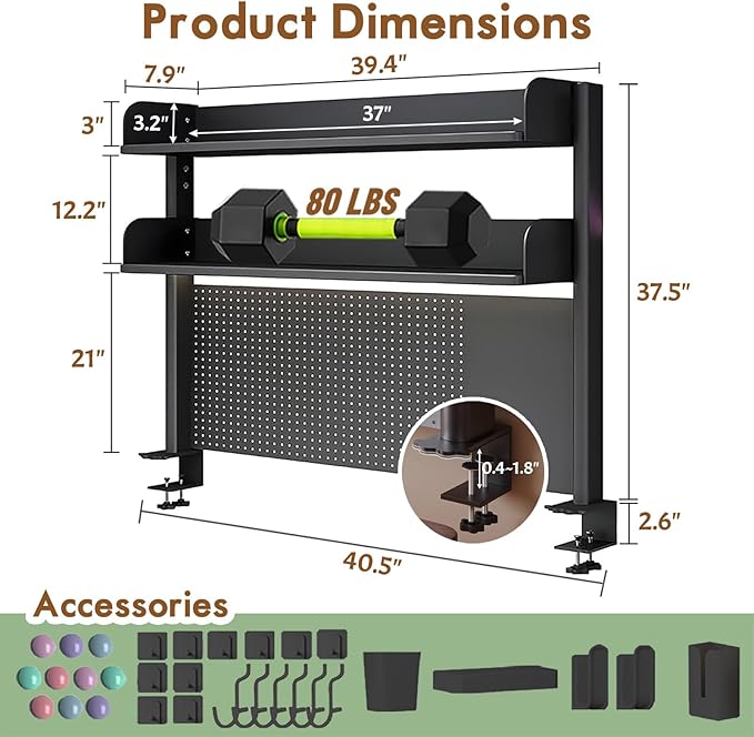 Clamp On Desk Shelf Organizer with Pegboard Desk Hutch Dorm with Storage Bookshelf Desk Top Organizer Shelf Multi-Purpose White & Black Desktop Shelves & Office Shelves (Black, W - 39.4")