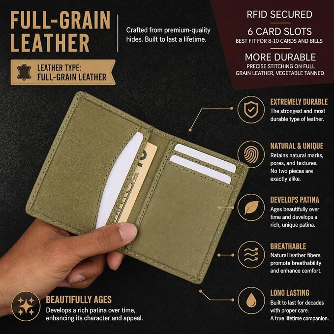 FOXHACKLE Full Grain Leather Credit Card Holder for Men and Women, Slim Bifold RFID Blocking Wallet, Thin Front Pocket Minimalist Wallet, Small Card Case.