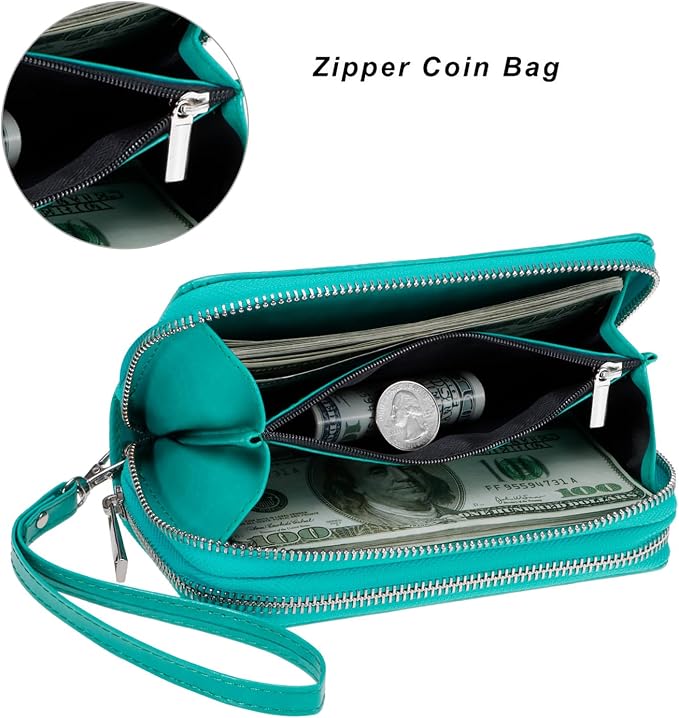 Cellphone Wallet for Women Dual Zipper Long Purse with Removable Wristlet