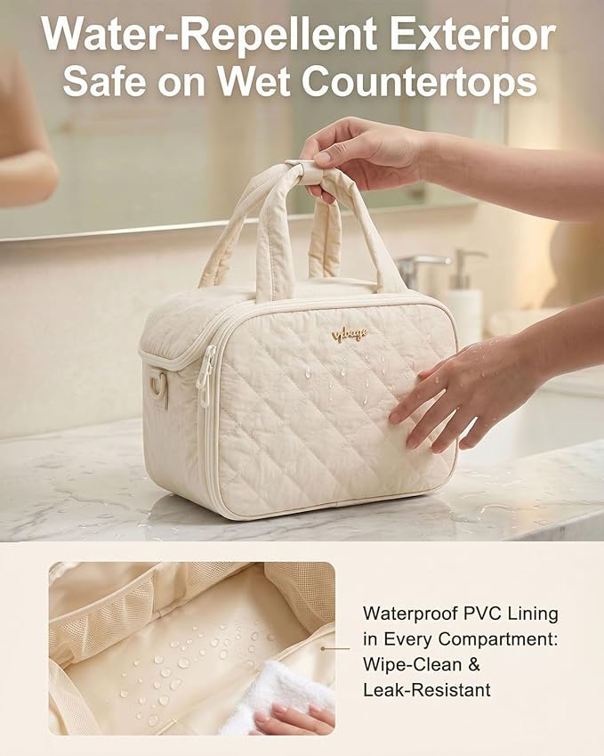 Lightweight Structured Travel Toiletry Bag for Women - Wide-Open Puffer Mini Duffel with Removable Divider, Waterproof Lining, Water-Resistant Exterior, Fits Full-Size Bottles & Shower Essentials