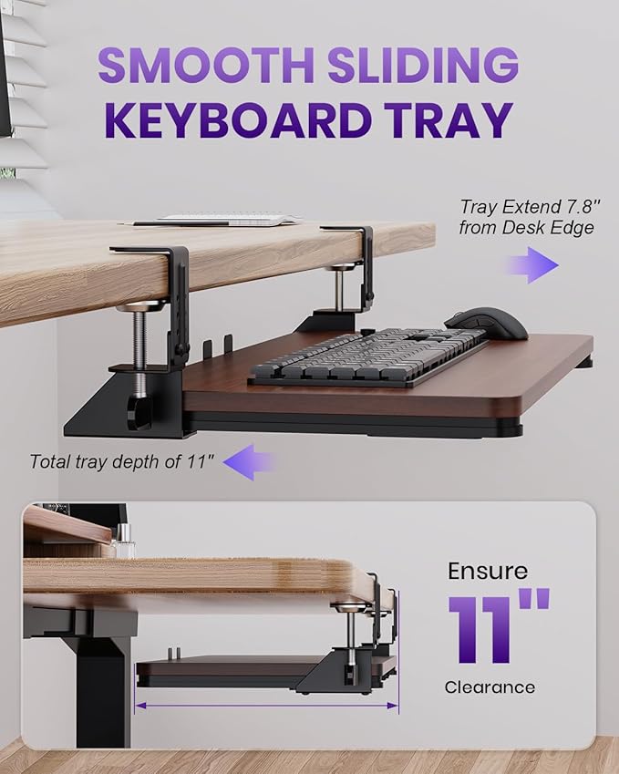 Ergonomic Keyboard Tray Under Desk, Pull Out with Adjustable C-clamp, 25.6 (31.5 Including Clamps) x 11.8 Inch Slide Out Computer Keyboard Drawer Mouse Tray for Typing, Large & Walnut
