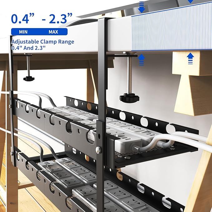 Under Desk Cable Management Raceway Clamp 2 Hole 31Inch No Dril Cord Organizer for Standing Desk Sturdy Metal Office Desk Wire Management - No Damage to Table