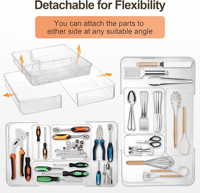 Expandable Drawer Organizer, Adjustable Shallow Tray, 11" to 19" Width | 1.97" Height, Clear Plastic Storage, For Bedroom/Living Room/Kitchen/Bathroom/Office, Cosmetic/Tools/Cutlery/Stationery
