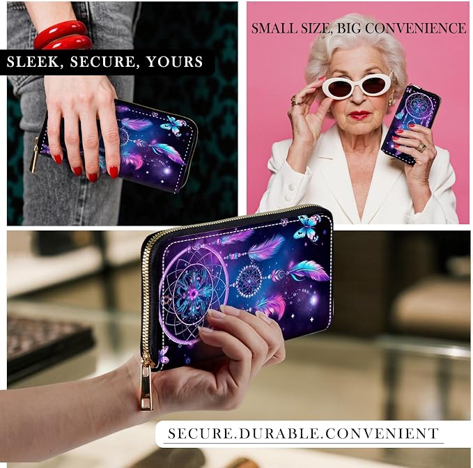 RFID-Blocking Zip Around Wallets for Women with Detachable Wrist Strap,Large Capacity Phone Holder with Card Organizer & Coin Pocket,Butterfly Dream Catcher