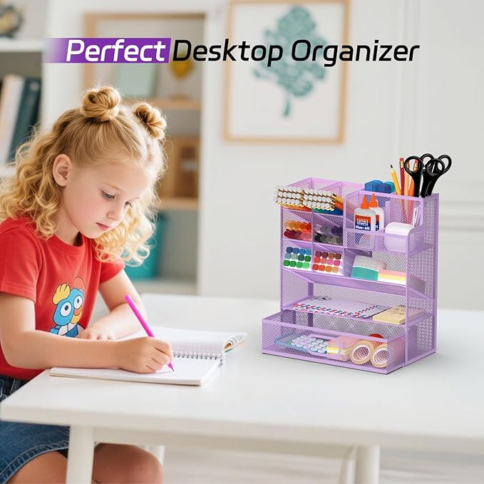 Mesh Pen Organizer for Desk - Multi-Functional Pencil Holder with Drawer Desk Organizers, Large Capacity Storage for School Office Home Supplies (Purple)