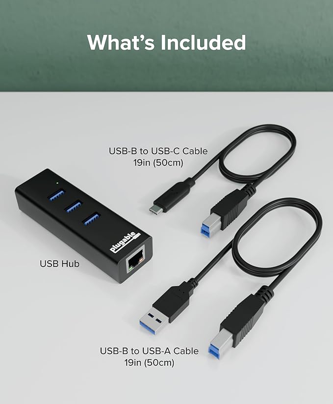 Plugable 3-Port USB 3.0 Hub with Gigabit Ethernet | Compatible with Windows, macOS, Linux, and ChromeOS | Portable USB-C/USB-A Bus-Powered RJ45 GbE LAN Adapter for Laptops, MacBooks, Chromebooks