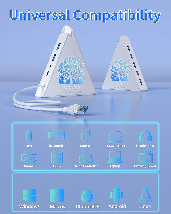 7-Port USB 3.0 Hub, White Vertical USB Hub Splitter with Tree-Shaped RGB Lighting, 5Gbps High-Speed Transfer, 2FT Extension Cable, Compatible with PC, MacBook, Laptop, Flash Drive, Printer