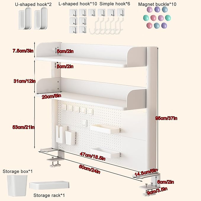 Desktop Bookshelf, Desk Extender Pegboard Workstation, 2 Tier Small Desk Extension Shelving Unit, Multipurpose Desktop Hutch Storage Organizer for Dorm Office Home(White,60x20x95cm/24x8x37in)