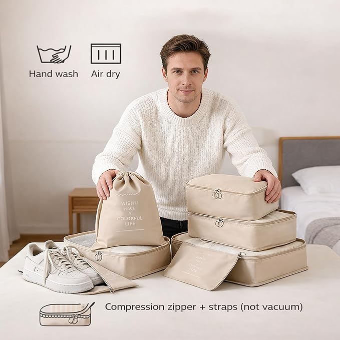 7 Set Packing Cubes For Travel | Luggage Organizer Bags With Shoe, Laundry Bag, Accessory Pouch And Lingerie Bag | Durable And Space Saving Suitcase Organizer For Travel Essentials | Beige