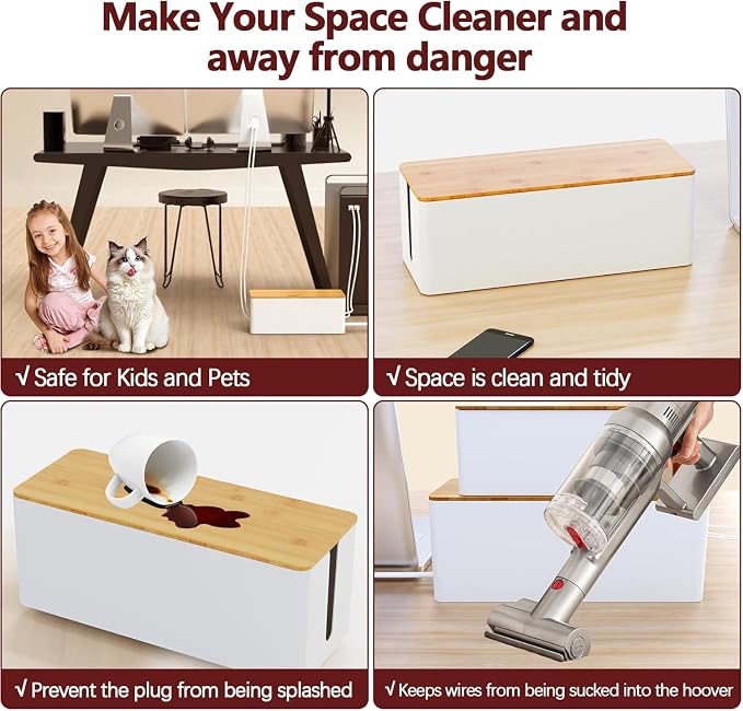 2-Pack Cord Organizer Box with Lids, White Cable Management Box Set, No-Drill Charger & Computer Wire Organizers for Desk, TV, Router, Computer, and Outlets in The Office, Study, Kitchen Areas