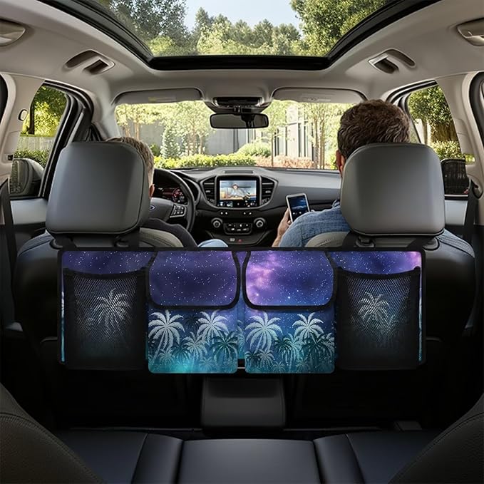 Starry Sky Back Seat Trunk Organizer,Coconut Tree Design Car Trunk Storage Organizer with Lid Keep your Trunk Clean and Tidy 4 Large Pockets Not Easy to Fade