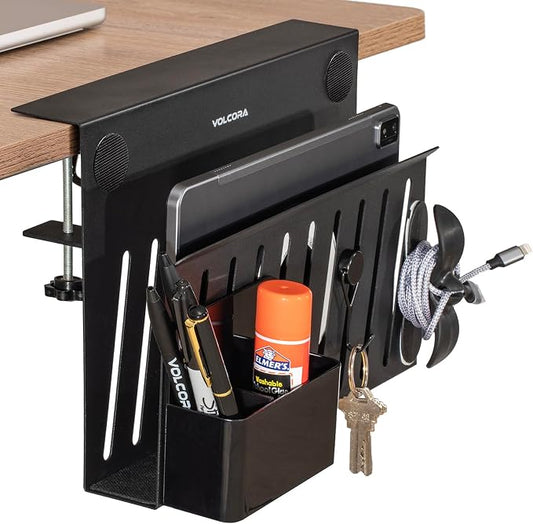 Volcora Side Storage, Under Desk Laptop Holder, No Drill Organizer with Magnetic Pen Box, Cable Clamp, Hanging Organizer, Laptop Mount File Holder for Office and Home, 1 Tier Black