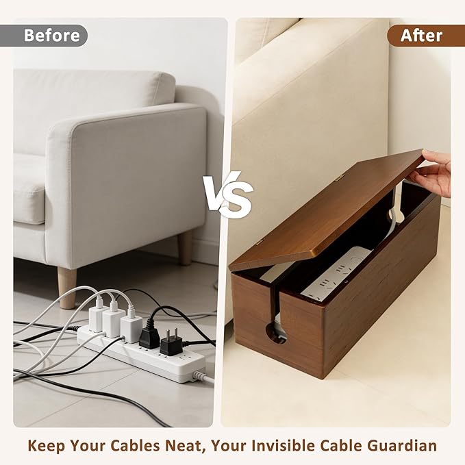 Large Wooden Cable Management Box, Power Strip Cord Organizer Box, Electrical Hiding TV Wires, Desk & Floor Cables, Cord Hider for Office Living Room Bedroom, Cable Organizer for Desk, Wire Management