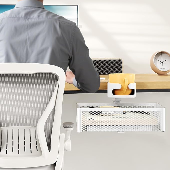 Desk Cup Holder with Drawer Organizer, Anti-Spill Clip-On Table Cup Hook with 360° Rotation Hidden Storage Box for Office Home Gaming Table (White)