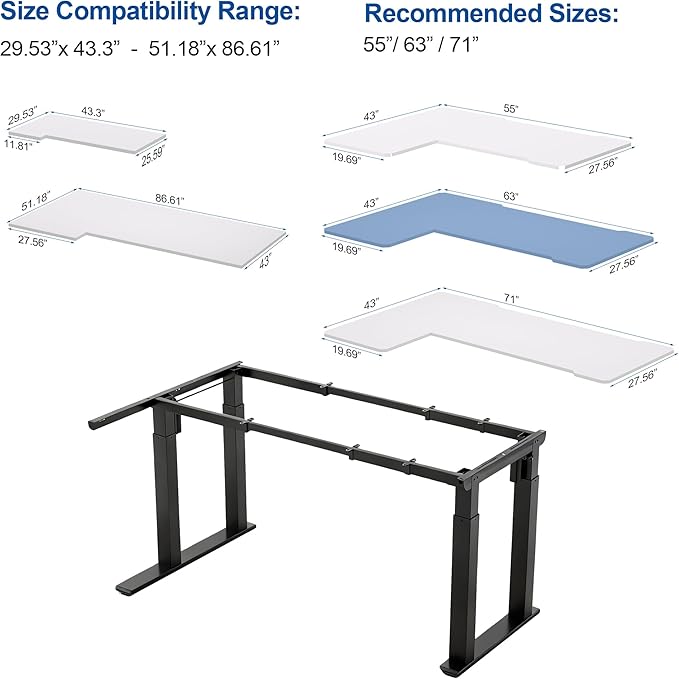 4-Leg L-Shape Standing Desk Frame Dual Motor, Electric Corner Legs Compatible Desktop Size 55??71?? 264 lbs Weight Capacity, Anti-collision Detection Stand Up Desk Frame Workstation, Black Frame Only