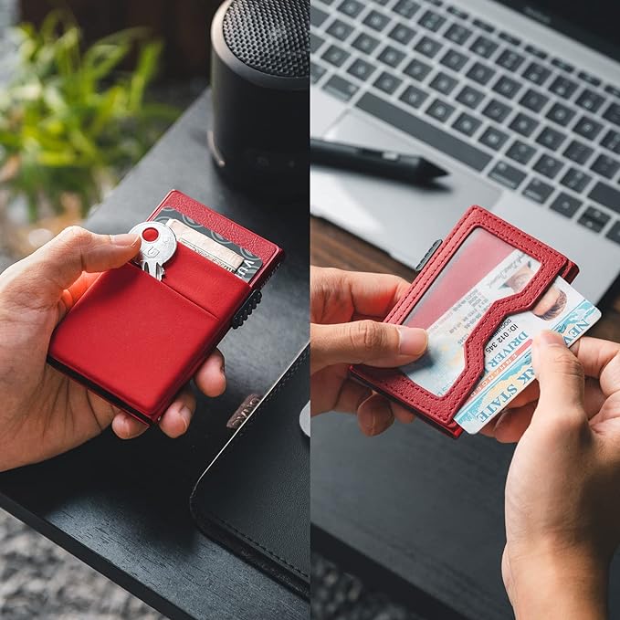 VULKIT Minimalist Wallet with ID Window & EDC Pocket Pop Up Card Holder RFID Blocking Slim Wallet Design for Airtag Cash Coins & Credit Cards