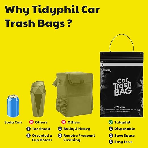 50 Bags Tidyphil Hanging Car Trash Bags Disposable, Leak-proof, Odor Seal. 2 Gallon Car Garbage Bags. Alternative to Car Trash Can, Easy Stick-On Car Garbage Can for Car,SUV, Truck, Vehicle, Stroller.