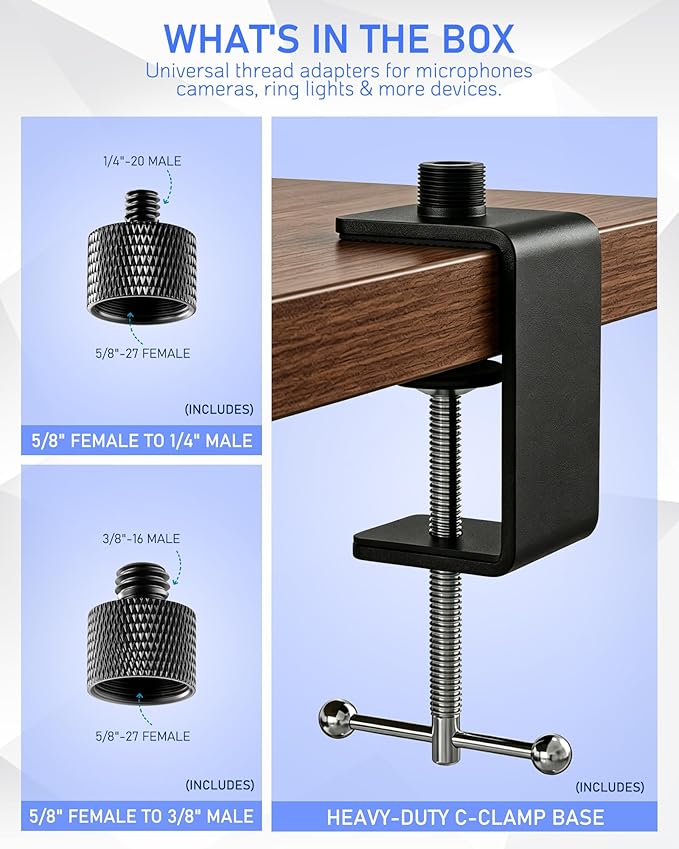 Table Microphone Clamp KB47 - Heavy-Duty Desk Mic Metal Clamp Mount with 5/8-27 Male and 3/8-16 Female Thread, 2PCS