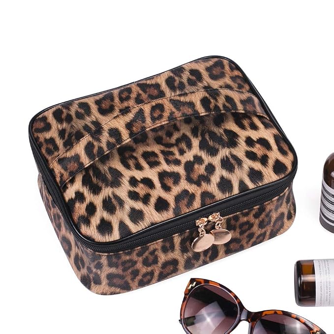 Makeup Bag Travel Large Toiletry Bag Leopard Portable Cheetah Printed Cosmetic Organizer Pouch with Small Brush Storage Case Gold Zipper Waterproof Adjustable Dividers for Women,8.7x7.1x3.4inch