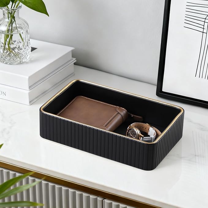 Desk Organizer Tray, PU Leather Nightstand Organizer Perfume Valet Tray for Men Women, Decorative Vanity Trays Trinket Dish Key Bowl for Entryway Table (Black, Small)