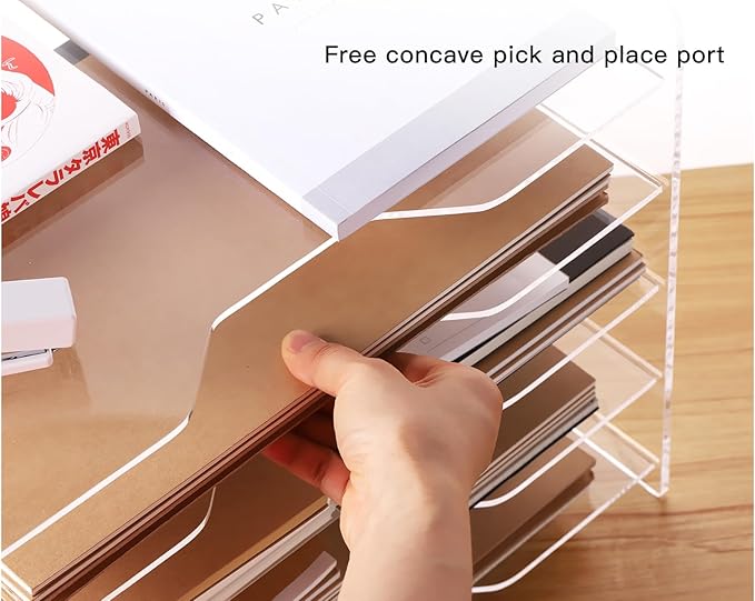 HeZone Acrylic Paper Letter Tray Organizer, 5 Tiers, Transparent, Modern, Rectangular, Stackable, Office
