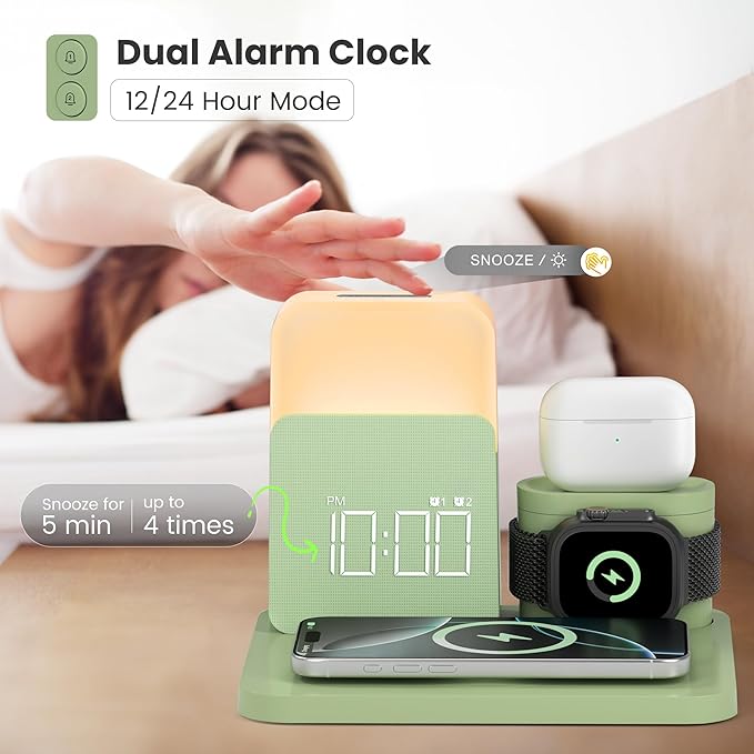 7 in 1 Charging Station for iPhone, Wireless Charging Station, Alarm Clock, Night Light, Wireless Charger for iPhone 17 16 15 14 13 12 Pro Max & Apple Watch - Charging Stand Dock for AirPods(Green)
