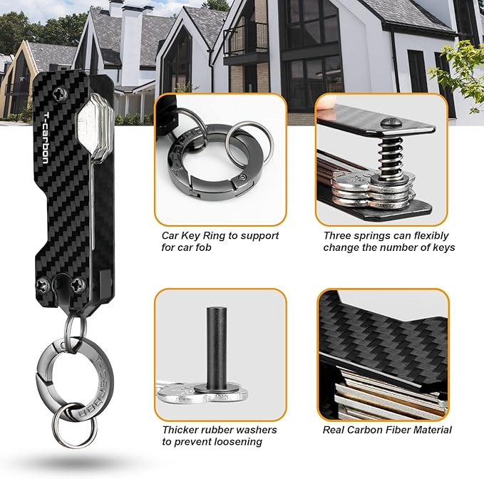 T-carbon Carbon Fiber Key Organizer, Mens Compact Key Holder Key Case for Key Chains Car Keys, Minimalist Keychain Holder Pocket-Sized, Secures 2-6 Keys